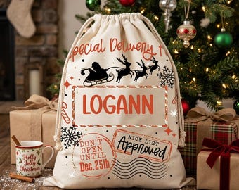 Personalized Santa Sack, Custom Christmas Gift Bag, North Pole Special Delivery Drawstring Bag, Monogrammed Holiday Present Sack, Nice List