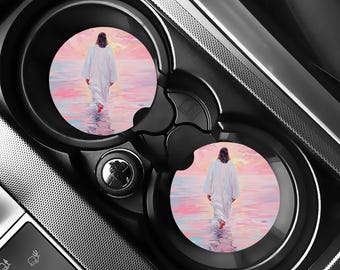 Jesus Walking on Water Car Coaster Set of 2, Christian Car Accessories, Faith Cup Holder Coasters, Religious Sunset Car Decor Gift
