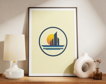 Logo con skyline di città moderna / Illustrazione minimalista di un edificio / Arte del tramonto urbano (JPG)