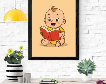 Stampa con cartone animato di un bambino che legge / Decorazione murale per la cameretta dei bambini