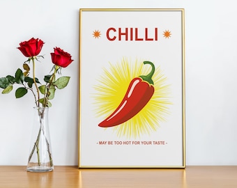 Poster con peperoncino rosso, illustrazione vintage di cibo, decorazione murale piccante per la cucina (download digitale)