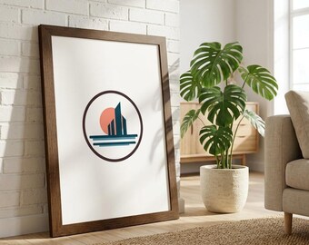 Illustrazione moderna dello skyline di una città / Illustrazione minimalista di un edificio al tramonto (stampa incorniciata)