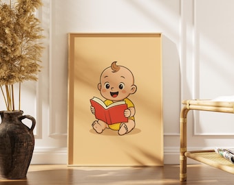 Stampa con disegno di un bambino che legge / Decorazione murale per la cameretta (download digitale)