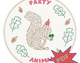 PARTY SQUIRREL PDF embroidery pattern - squirrel embroidery design - PopLush Embroidery