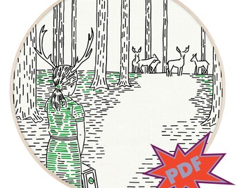 ANTLERED GIRL PDF embroidery pattern - coming home deer embroidery design - PopLush Embroidery