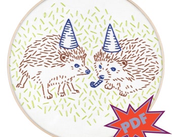 PARTY HEDGEHOGS PDF embroidery pattern - hedgehog embroidery design - PopLush Embroidery