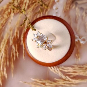 18k Gold Engagement Ring Set Rose Gold | Vintage Bridal Set | Emerald Cut Moissanite Wedding Promise Proposal Ring Set | Antique Ring.