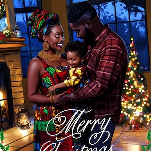 お祝いのテーマとアフリカ系アメリカ人風のアートを組み合わせた鮮やかなデジタル クリスマス カードは、多様なホリデー ショッピングに最適です。」