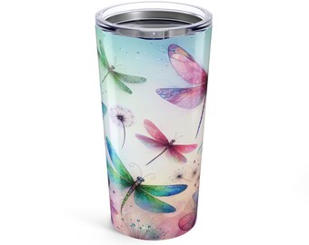 Vaso de 20 oz con libélulas de acuarela de colores