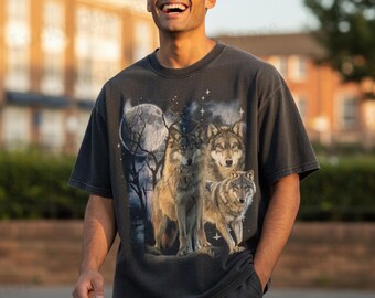 Cadeau loup mignon, chemise graphique vintage des années 90, trois loups, chemise Nature des années 2000, t-shirt oversize unisexe vintage, chemise délavée, loup hurlant