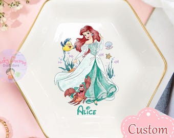 Personalized Disney Ariel Princess Trinket Dish, Disney Lover Ring Dish, Birthday Jewelry Dish Gift for Friend, Wedding Gift, Graduate Gifts