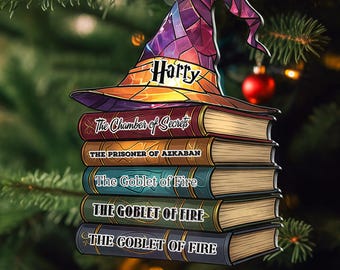 Custom Name Wizard Hat On Book Acrylic Ornament, Wizard Christmas Ornament, Wizard School Magical, Bookish Hanging Art Decor, Book Club Gift