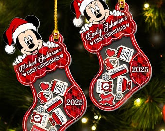 Custom Name Baby First Christmas Shaker Ornaments 2025, Personalized 1st Baby Stats Ornament, Disney Mickey Minnie Donald Daisy Newborn Gift
