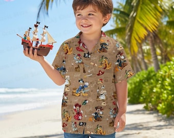 Personalized Mickey and Friends Pirate Hawaiian Set, Disney Cruise Outfit for Boys, Custom Name Caribbean Tee,Family Vacation Matching Shirt