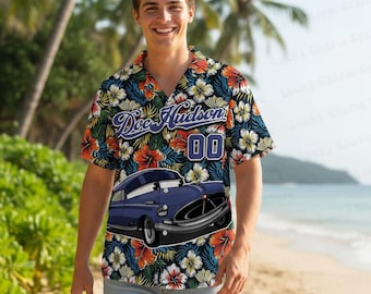 Camisa hawaiana personalizada de Doc Hudson, camiseta de vacaciones de Disney Cars con nombre personalizado, camiseta Aloha de Lightning McQueen, Tow Mater, camisa a juego para toda la familia.