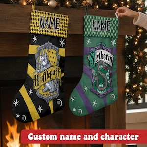 May include: Two personalized Christmas stockings, one black and yellow with a Hufflepuff crest, the other green and purple with a Slytherin crest. Both have "NAME" embroidered at the top. The text "Custom name and character" is at the bottom.