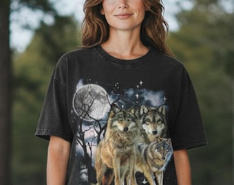 Chemise graphique vintage des années 90 loup, trois loups, chemise nature des années 2000, t-shirt oversize unisexe vintage, cadeau loup mignon, chemise délavée, loup hurlant
