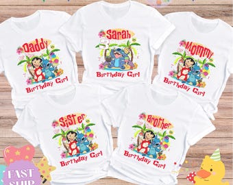 パーソナライズされたディズニーリロ＆スティッチのバースデーシャツ、スティッチファミリーのバースデーグループお揃いTシャツ、ディズニーランドファミリー旅行シャツ、女の子へのギフト