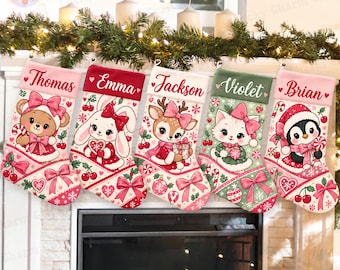 Personalized Cute Disney Inspired Christmas Stocking, Custom Name Kawaii Animal Xmas Stocking, Pink Coquette Bow Christmas Decor, Kids Gift