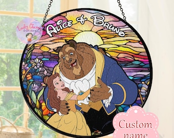 Personalized Stained Glass Disney Couple Romantic Sunset Window Hanging Suncatcher, Custom Beauty & The Beast Movie Ornament, Disney Gift