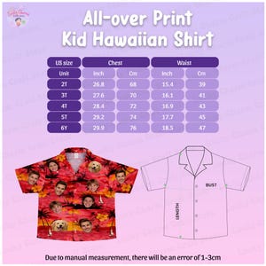 May include: Red Kid Hawaiian shirt with a tropical sunset design and faces. The image includes a size chart with chest measurements from 68 to 76 cm and waist measurements from 39 to 47 cm. The text says "All-over Print Kid Hawaiian Shirt."