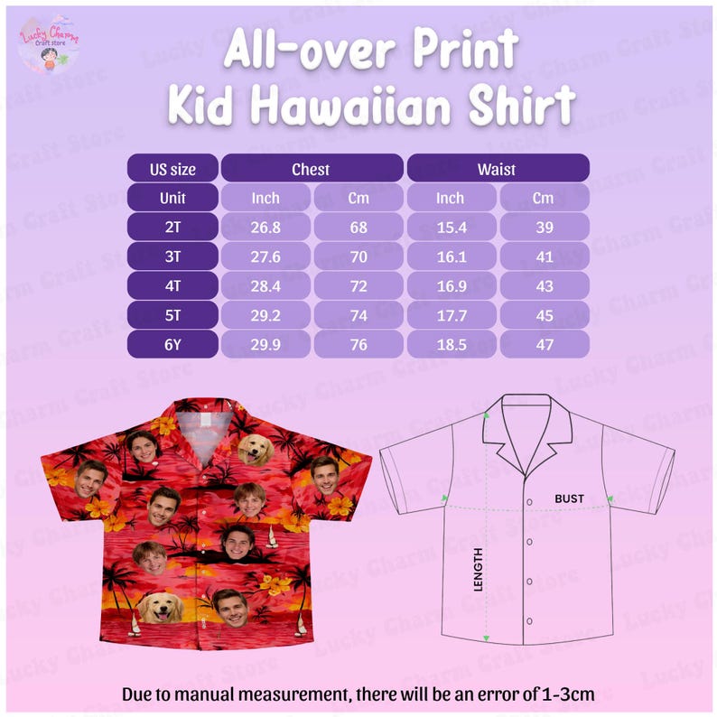May include: Red Kid Hawaiian shirt with a tropical sunset design and faces. The image includes a size chart with chest measurements from 68 to 76 cm and waist measurements from 39 to 47 cm. The text says "All-over Print Kid Hawaiian Shirt."