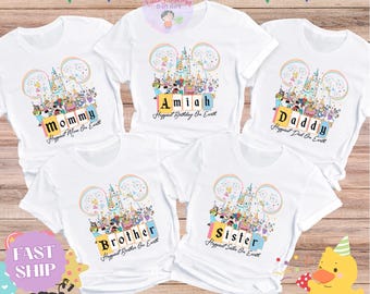 Camiseta de cumpleaños personalizada de Mickey y sus amigos con castillo de Disney, para niño o niña, para fiesta de cumpleaños familiar en WDW Disneyland