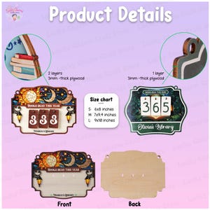 May include: Wooden book counter with a celestial design, featuring a sun, moon, and stars. The counter displays the number "333" and the text "BOOKS READ THIS YEAR." Includes a size chart: S 6x8 inches, M 7x9.4 inches, L 9x10 inches.