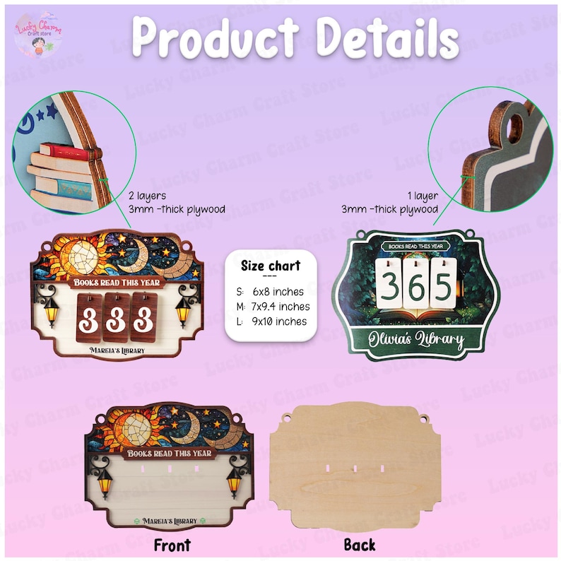 May include: Wooden book counter with a celestial design, featuring a sun, moon, and stars. The counter displays the number "333" and the text "BOOKS READ THIS YEAR." Includes a size chart: S 6x8 inches, M 7x9.4 inches, L 9x10 inches.