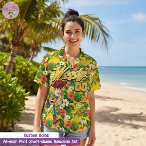 May include: Yellow short-sleeve Hawaiian shirt featuring a Woody cartoon graphic, floral and leaf pattern. The shirt has the name "Woody" and the number "00" printed on it. The text "Custom Name" and "All-over Print Short-sleeve Hawaiian Set" are also visible.
