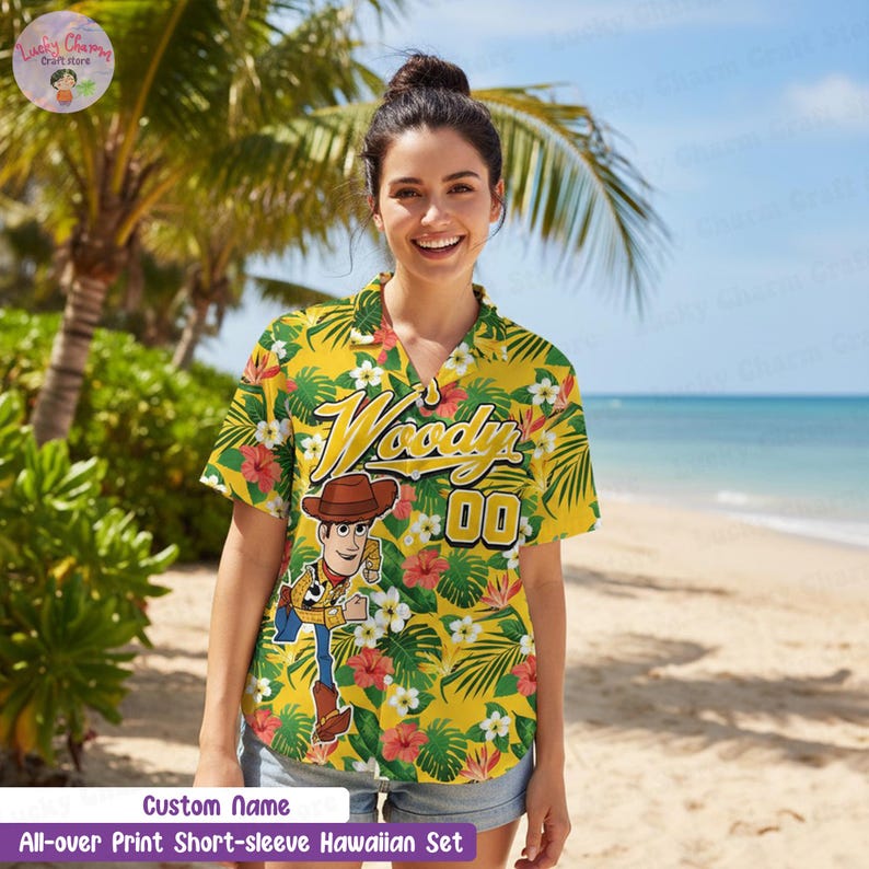 May include: Yellow short-sleeve Hawaiian shirt featuring a Woody cartoon graphic, floral and leaf pattern. The shirt has the name "Woody" and the number "00" printed on it. The text "Custom Name" and "All-over Print Short-sleeve Hawaiian Set" are also visible.