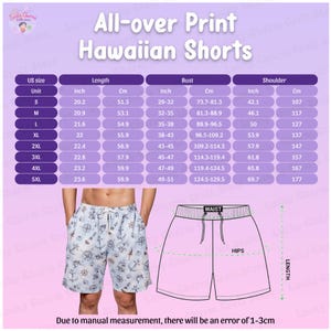 May include: Light blue Hawaiian shorts with a nautical print featuring anchors and wheels. The image includes a size chart with measurements in inches and cm for length, bust, and shoulder. The text reads 'All-over Print Hawaiian Shorts'.