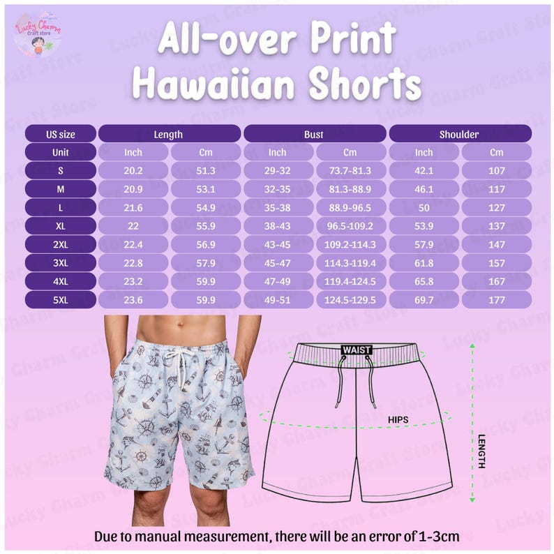 May include: Light blue Hawaiian shorts with a nautical print featuring anchors and wheels. The image includes a size chart with measurements in inches and cm for length, bust, and shoulder. The text reads 'All-over Print Hawaiian Shorts'.