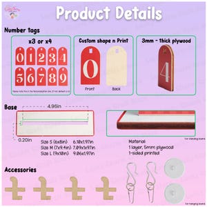 May include: Product details graphic showing number tags, custom shapes, and plywood options. Includes dimensions in inches for base and sizes S, M, and L. Accessories include wooden plus signs, hooks, and round hanging hardware.
