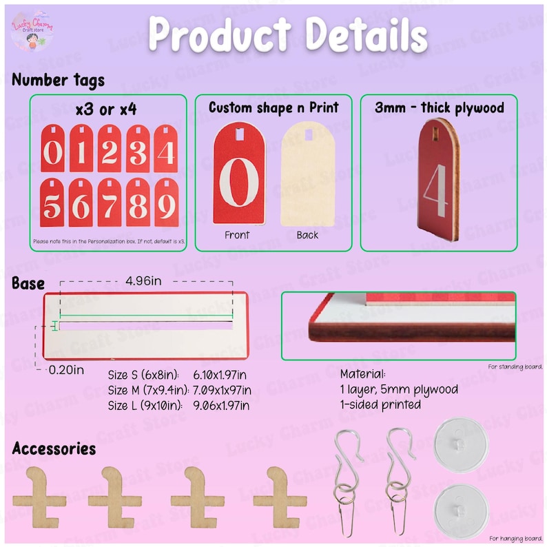 May include: Product details graphic showing number tags, custom shapes, and plywood options. Includes dimensions in inches for base and sizes S, M, and L. Accessories include wooden plus signs, hooks, and round hanging hardware.