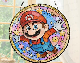 Personalized Super Video Game Suncatcher, Cartoon Stained Glass Window Hanging, Custom Name Room Decor, Kids Cartoon Character Gift