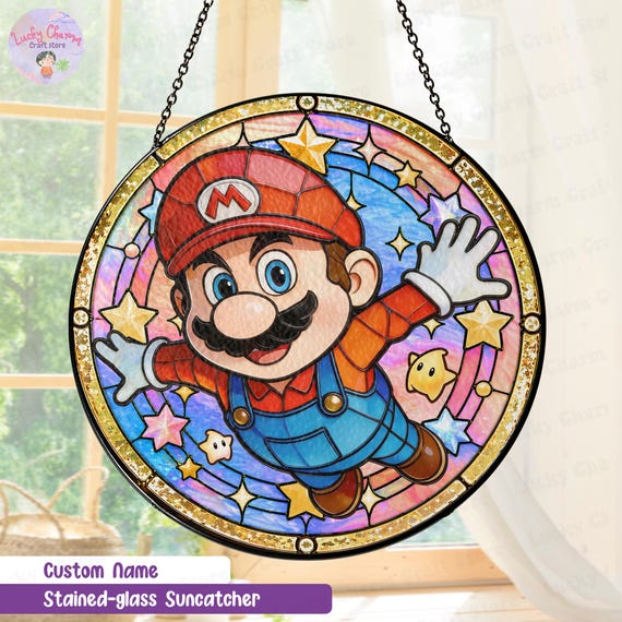 A custom-name stained-glass-style suncatcher with a video game / cartoon character motif is a genuinely unexpected combo — window art that a gamer teen would actually want.