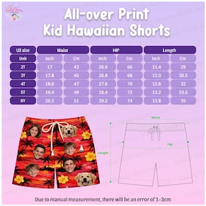 May include: All-over print kid's Hawaiian shorts with a red sunset design, featuring faces and dogs. The shorts have a drawstring waist. Sizes range from 2T to 6Y, with waist measurements from 43 cm to 51 cm. Lengths range from 29 cm to 35 cm.