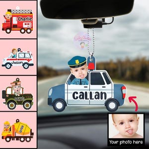 パーソナライズされた父の日ギフト、車に吊るす赤ちゃんの写真の顔のカスタムカーアクセサリー、安全運転のお父さんへのギフト、パパへのギフト、警察官のお父さん