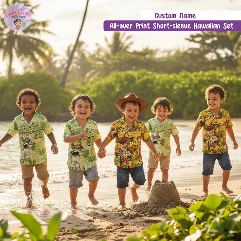 May include: Five children wearing matching short-sleeved Hawaiian shirts with various colourful floral and cartoon character prints. The shirts are paired with shorts. The text "Custom Name" and "All-over Print Short-sleeve Hawaiian Set" is visible.
