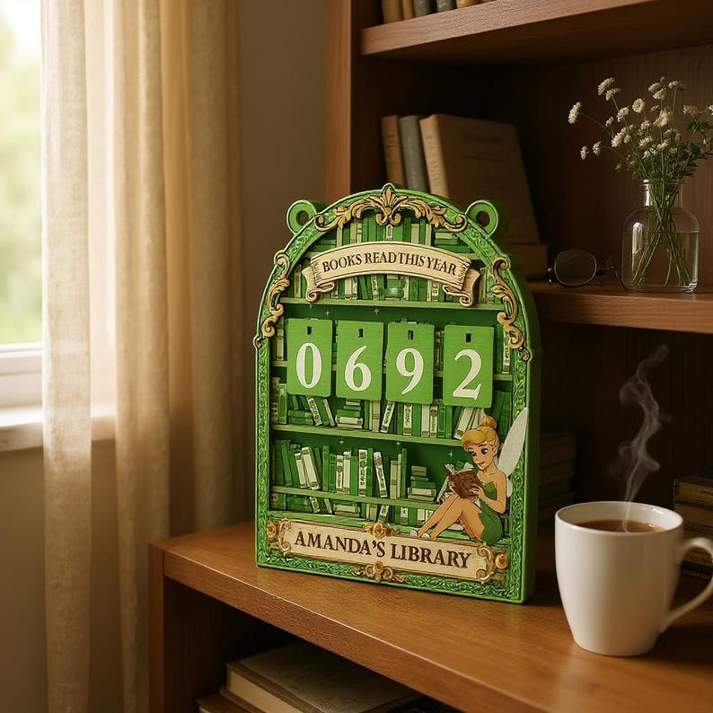 May include: A green wooden book counter with the text "BOOKS READ THIS YEAR" and the numbers "0692". The counter has a bookshelf design with a Tinkerbell illustration and the text "AMANDA'S LIBRARY". A white mug of coffee sits nearby.