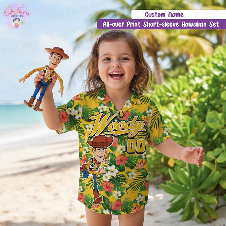 Custom Name Woody Buzz Hawaiian Set, Personalized Toy Story Hawaiian Tee, Toy Story 5 Balloon Button Up Summer Outfit, Disney Vacation Gift image 5