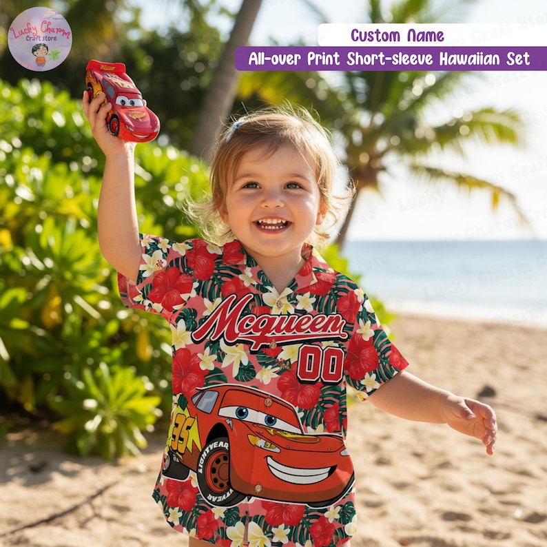 Personalized Lightning Mcqueen Hawaiian Shirt, Custom Name Disney Cars Vacation Tee, Pixar Cars Aloha Vacation Outfit, Family Matching Shirt image 8