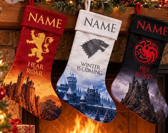Personalized Fantasy Christmas Stocking, Custom Name Medieval House Crest Xmas Stocking, Dragon Wolf Lion Holiday Decor, Fantasy Lover Gift
