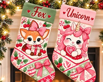 Personalized Disney Inspired Christmas Stocking, Custom Name Cute Animal Stocking, Kawaii Pink Bow Xmas, Coquette Christmas Gift for Kids