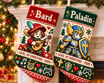 Christmas Gamer Squad Stocking, Personalized RPG Gamer Christmas Stocking, Custom Name Fantasy Pixel Art Stocking, Gaming Family Xmas Gift
