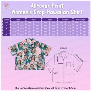 May include: A vibrant all-over print crop Hawaiian shirt featuring a tropical floral pattern and faces. The shirt's chest measurements range from 49.0 cm (size S) to 56.0 cm (size XL). Length varies from 50.0 cm to 55.0 cm. The image includes a size chart.