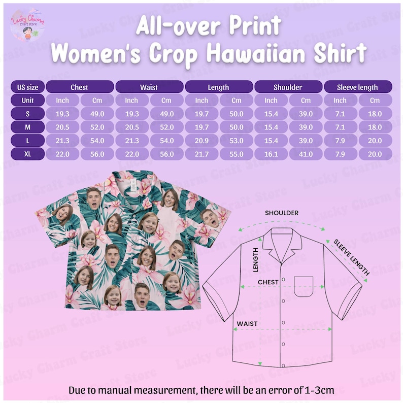 May include: A vibrant all-over print crop Hawaiian shirt featuring a tropical floral pattern and faces. The shirt's chest measurements range from 49.0 cm (size S) to 56.0 cm (size XL). Length varies from 50.0 cm to 55.0 cm. The image includes a size chart.