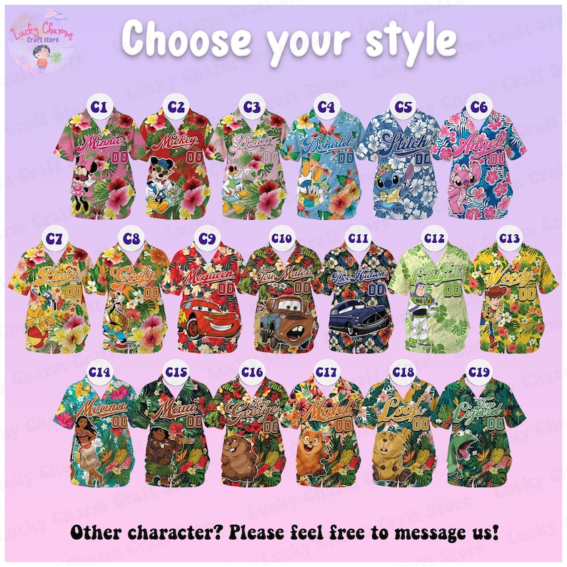 May include: A selection of Hawaiian shirts with cartoon characters like Mickey Mouse, Stitch, and Woody. Each shirt has a floral design and a character image. The text "Choose your style" is at the top. Measurements are not applicable.