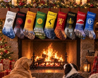 Personalized Dragon Christmas Stocking, Custom Name Dark Fantasy Xmas Stocking, Medieval Wolf Lion Crest Holiday Decor,Fantasy Fan Xmas Gift